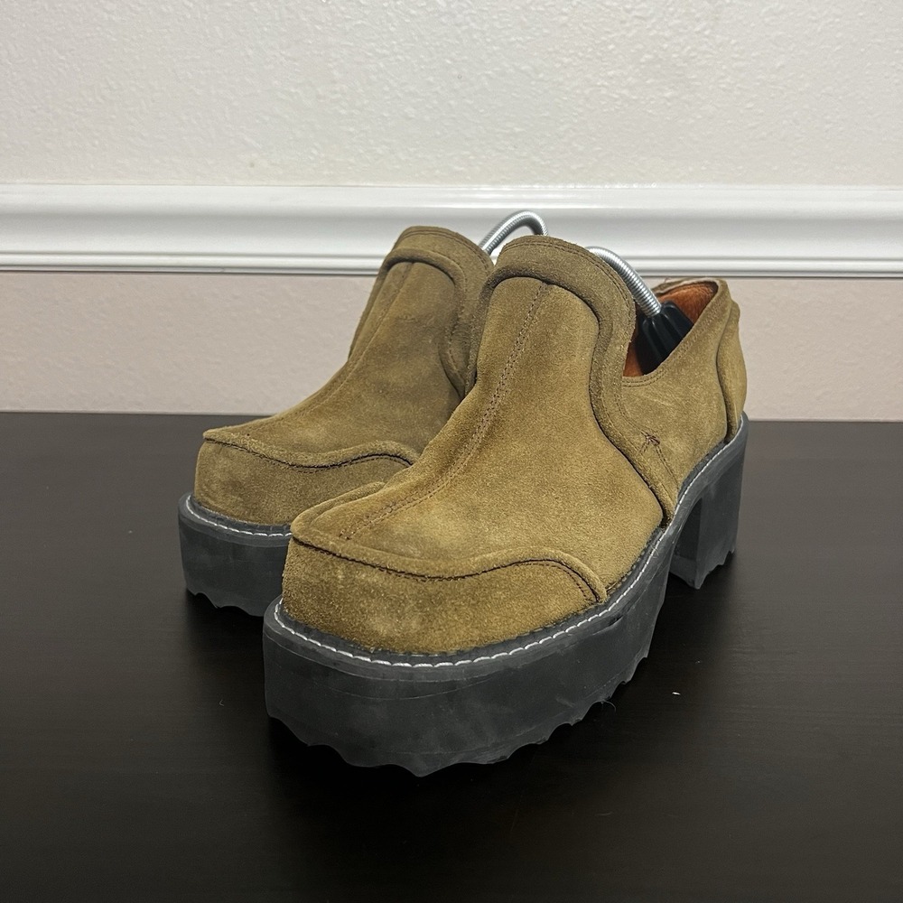 John Fluevog Men's‎ Brown Square Toe Platform Chunky Heel Shoes Size 10 Suede - Picture 4 of 15